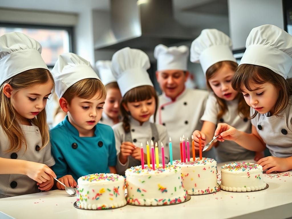 Groupe d'enfants décorant des gâteaux d'anniversaire ensemble
